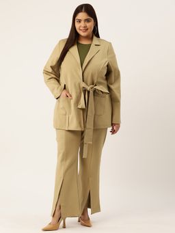 theRebelinme - Plus Size Womens Beige Solid Color Shrug With Pleated Trouser (Set of 2)