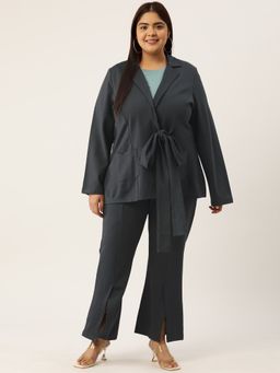 theRebelinme - Plus Size Womens Dark Grey Solid Color Shrug With Pleated Trouser (Set of 2)