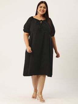 theRebelinme - Plus Size Womens Black Solid Color Neck Tie-up Cotton Dress