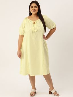 theRebelinme - Plus Size Womens Cream Solid Color Neck Tie-up Cotton Dress