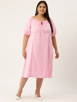 theRebelinme - Plus Size Womens Pink Solid Color Neck Tie-up Cotton Dress