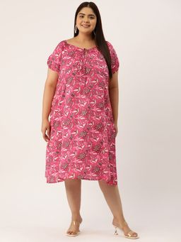 theRebelinme - Plus Size Womens Fuchsia Pink Floral Print Neck Tie-up Cotton Dress