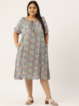 theRebelinme - Plus Size Womens Grey Floral Print Neck Tie-up Cotton Dress