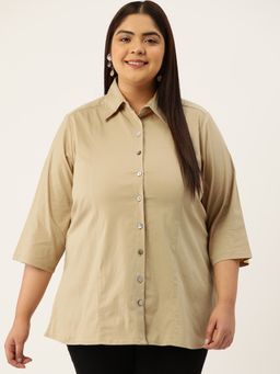 theRebelinme - Plus Size Womens Beige Solid Color Button Closure Casual Shirt