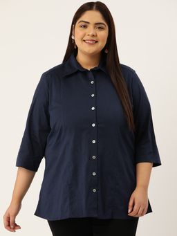 theRebelinme - Plus Size Womens Navy Solid Color Button Closure Casual Shirt