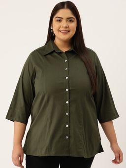 theRebelinme - Plus Size Womens Olive Solid Color Button Closure Casual Shirt