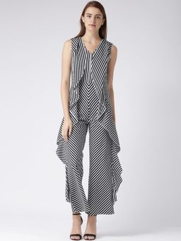 KASSUALLY - Women Black And White Striped Ruffled Basic Jumpsuit
