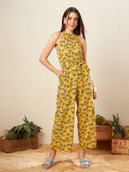 KASSUALLY - Yellow Floral Printed Halter Neck Jumpsuit