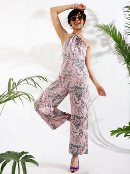 KASSUALLY - Peach And Grey Pasiley Print Sleeveless Jumpsuit