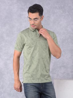 CRIMSOUNE CLUB - Men'S Green Floral Print Polo Neck T-Shirt