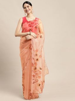 Vastranand - Peach-Coloured & Maroon Floral Printed Organza Saree with Unstitched Blouse