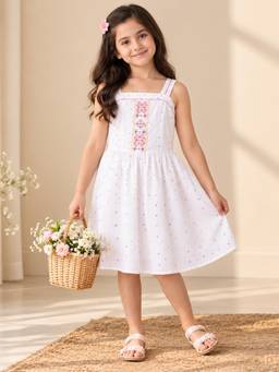 Miyo - Girls White Embroidered Strap Dress