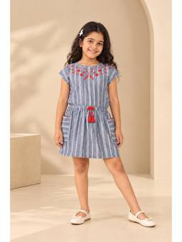 Miyo - Girls Navy Blue Stripes Embroidered Dress