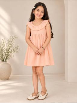 Miyo - Girls Peach Ruffled Gathered Dress