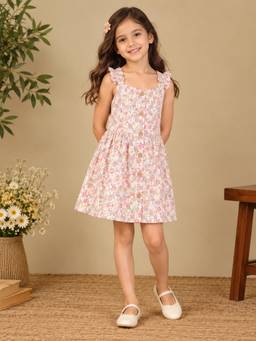 Miyo - Girls Off White Floral Front Button Strap Dress