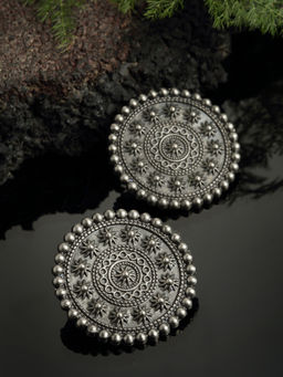 PANASH - Black Oxidized Silver-Toned Oversized Circular Stud Earrings
