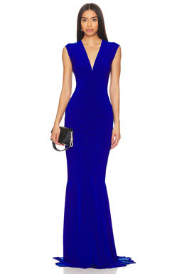 Norma Kamali - Sleeveless Deep V Neck Shirred Front Fishtail Gown