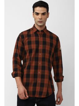 Peter England - Men Orange Slim Fit Checks Full Sleeves Casual Shirt