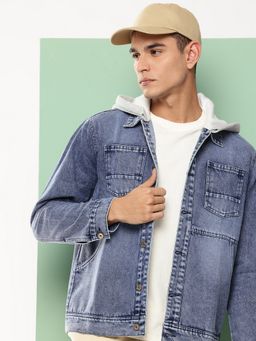 Voxati - Blue Men's Washed Denim Hooded Jacket