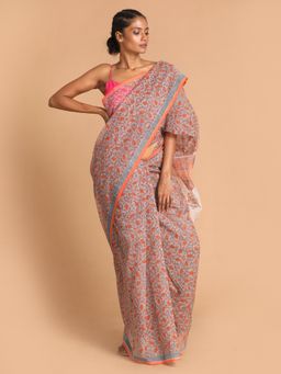 Indethnic - Grey Floral Super Net Saree with Unstitched Blouse