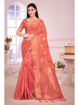 Sangam Prints - Peach Organza Woven Zari Work Traditional Tassel Saree with Unstitched Blouse