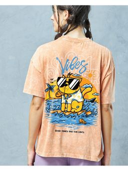 Bewakoof - Women Orange Heat Waves Graphic Printed Oversized Acid Wash T-Shirt