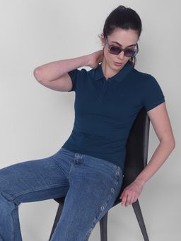 CRIMSOUNE CLUB - Women Blue Cotton Polo T-Shirt