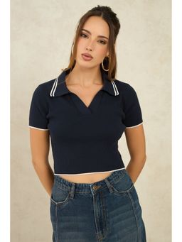 Virgio - Blue Solid Cotton Polo Neck Short Sleeve Crop Polo T-Shirt