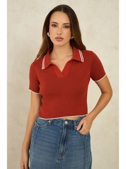 Virgio - Brown Solid Cotton Polo Neck Short Sleeve Crop Polo T-Shirt