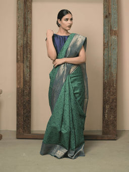 Dusala India - Women Brahmi Green Woven Handloom Saree with Unstitched Blouse