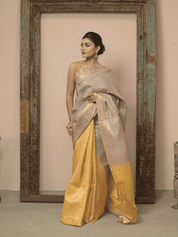 Dusala India - Women Kaishori Beige Colorblock Handloom Saree with Unstitched Blouse