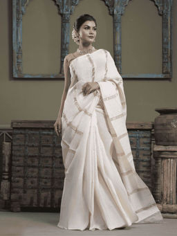 Dusala India - Women Sarvaastradhaarini White Stripes Handloom Saree with Unstitched Blouse