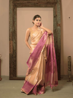 Dusala India - Women Maheshwari Beige Colorblock Handloom Saree with Unstitched Blouse