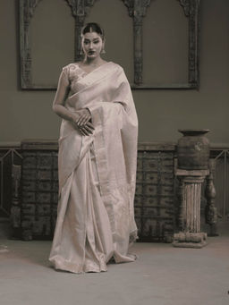 Dusala India - Women Sur Sundari Beige Woven Handloom Saree with Unstitched Blouse
