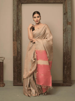 Dusala India - Women Vandurga Beige Woven Handloom Saree with Unstitched Blouse
