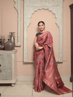 Dusala India - Women Kaalaratri Maroon Floral Handloom Saree with Unstitched Blouse