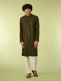 Diwas by Manyavar - Olive Embroidered Straight Kurta & Pyjama