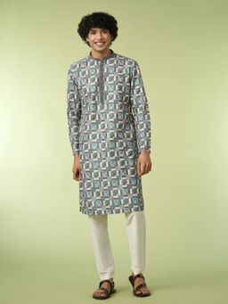 Diwas by Manyavar - Teal Printed Straight Kurta & Pyjama