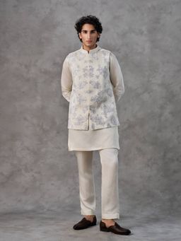 Twamev - Cream Embroidered Straight Jacket Kurta with Pant