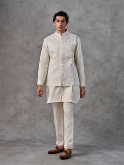 Twamev - Cream Embroidered Straight Jacket Kurta with Pant