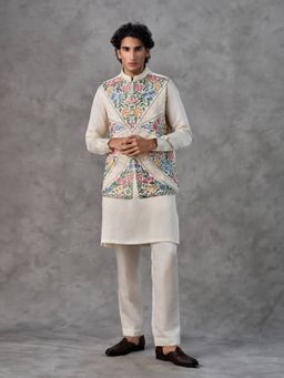 Twamev - Cream Embroidered Straight Jacket Kurta with Pant
