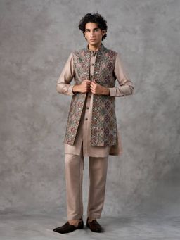 Twamev - Beige Embroidered Straight Jacket Kurta with Pant