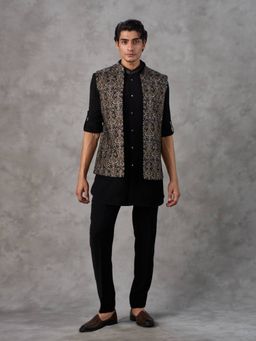 Twamev - Black Embroidered Straight Jacket Kurta with Pant
