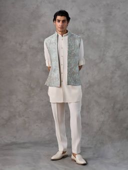 Twamev - Cream Embroidered Straight Jacket Kurta with Pant