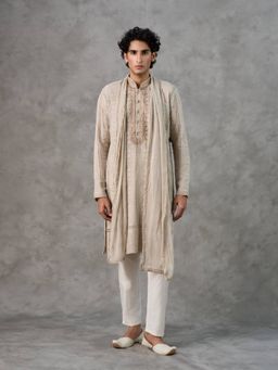 Twamev - Beige Embroidered Straight Kurta Pant with Dupatta with Dupatta