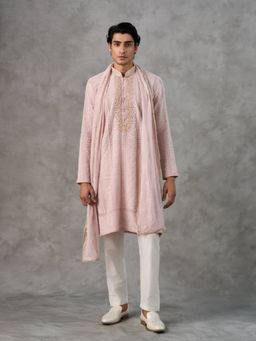 Twamev - Pink Embroidered Straight Kurta Pant with Dupatta with Dupatta