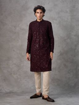 Twamev - Wine Embroidered Straight Kurta & Pyjama