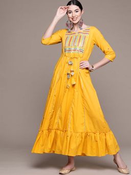 Anubhutee - Women Yellow Yoke Embroidered Ethnic Dress
