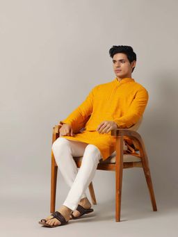 THE KURTA COMPANY - Yellow Rayon Embroidered Regular Fit with Mandarin Collar Kurta