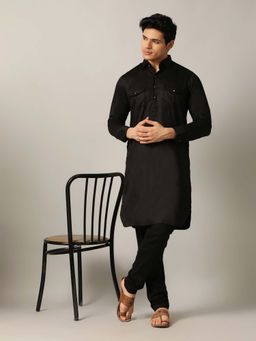 THE KURTA COMPANY - Black Silk Blend Solid Pathani Kurta